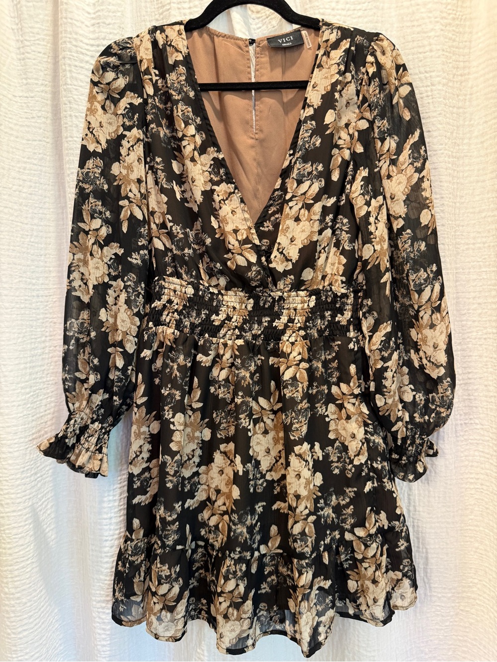 VICI Black and Tan Floral Long-Sleeve Mini Dress